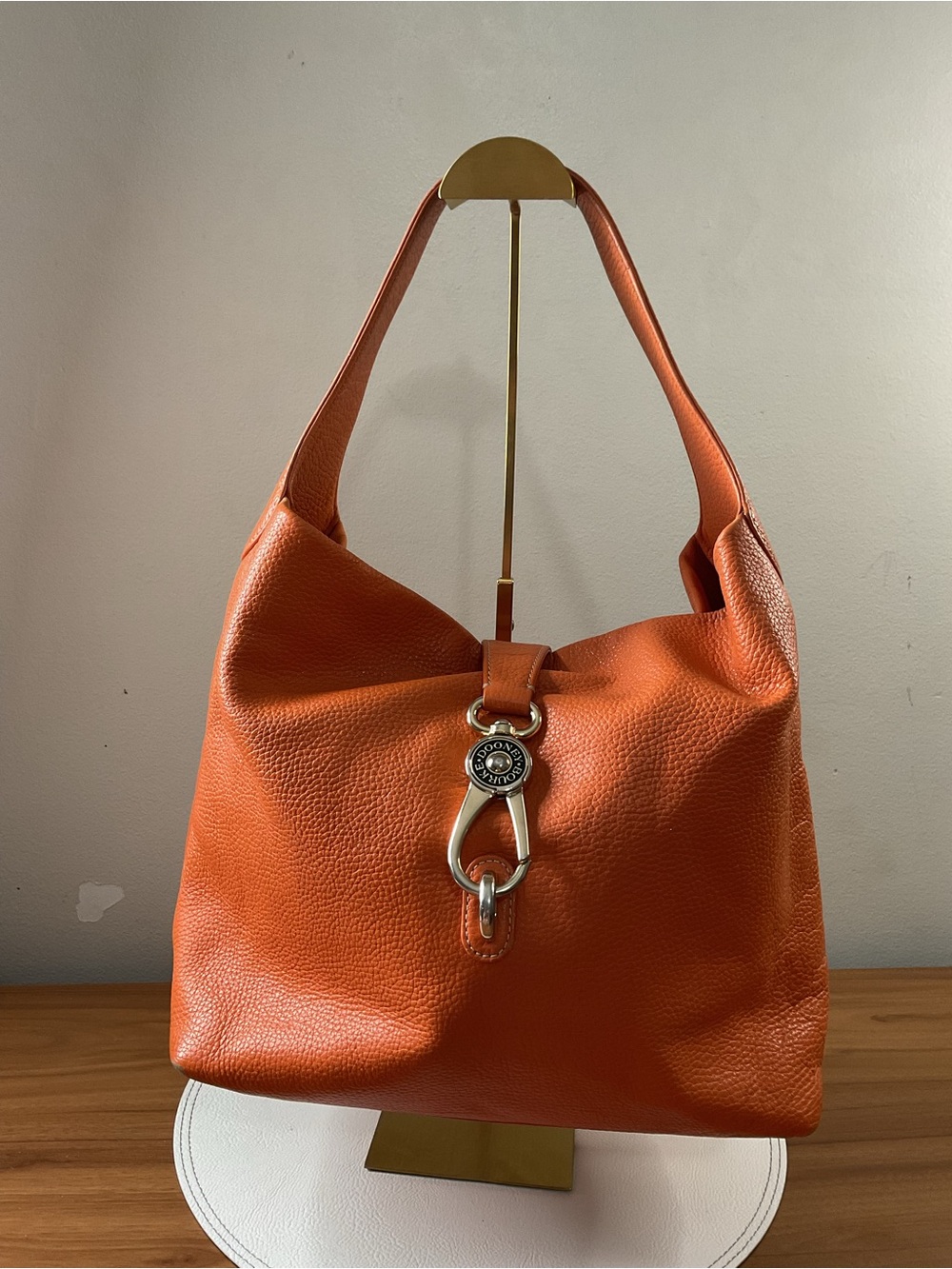 Dooney & Bourke Orange Pebbled Leather Shoulder Hobo with Signature Clip